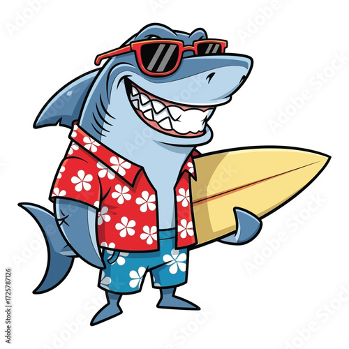 Happy surfer shark wearing sunglasses and hawaiian shirt holding surfboard fun character