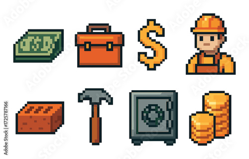 Pixel art icons of construction and finance: tools, money, and worker