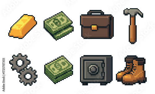 Pixel art icons of gold bar, cash, briefcase, hammer, gears, safe, boots on green background