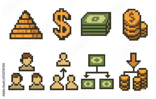 Pixel art icons depicting financial growth and investment concepts