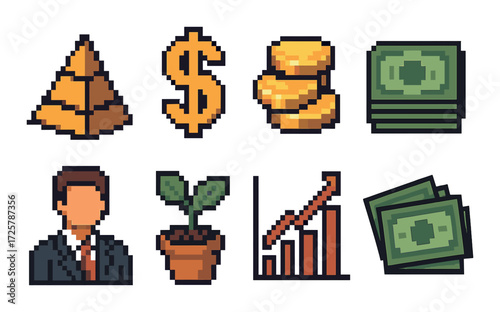 Pixel art business icons: currency, growth, investment, financial success