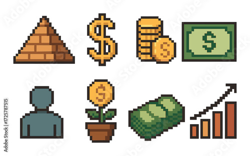 Retro pixel icons of financial growth with currency symbols and economic graphics