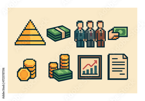 Pixel art representations of finance and business concepts