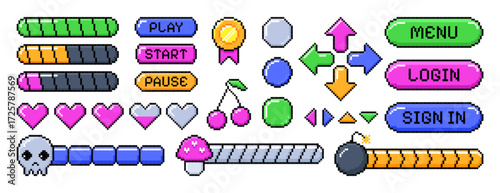 Vector set of 8bit pixel game life icons, loading progress bar, menu buttons and arrows. Retro video games element, arcade ui design energy levels with heart, bomb, skull. Pixelated controller items.