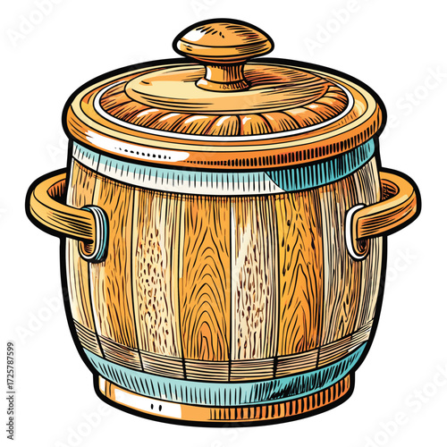 Wooden barrel cooking pot with lid and handles kitchen utensil