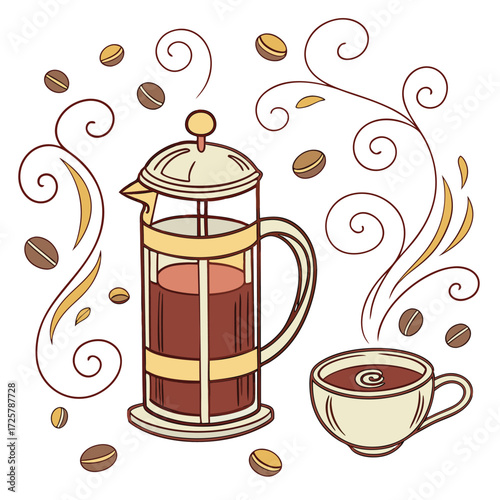 French press coffee maker and cup illustration Coffee beans and swirls design Vector graphic design element Isolated on white background