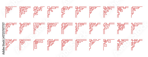 Vector set of chinese corners. Red japanese border frames design art, asian vintage ornaments isolated on white background. Traditional korean decorative element, japan ancient line culture decoration
