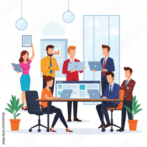 Diverse team collaborating in modern office space brainstorming ideas on laptops and monitors