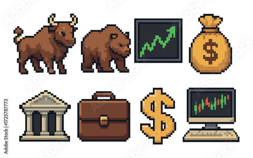 Pixel art symbols of stock market: bull, bear, trends, currency, finance tools