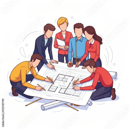 Team of Architects and Designers Collaborating on Blueprints for a New Building Project