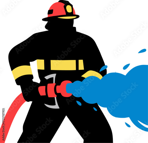 Bold Firefighter Silhouette Vector – Fireman in Helmet and Protective Suit Using Hose to Spray Water