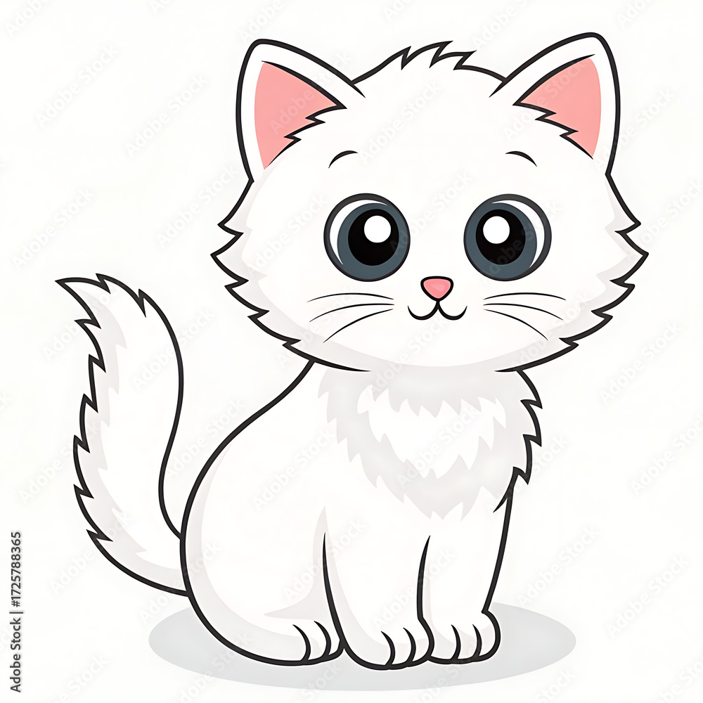 Obraz premium Cute white cartoon cat with big eyes isolated on white background