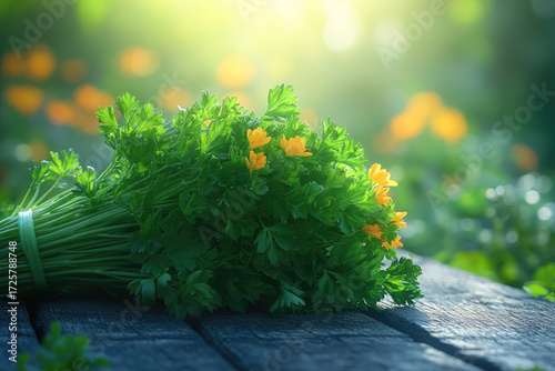 High-Resolution Photo of Green Parsley with Sunlight and Shadows