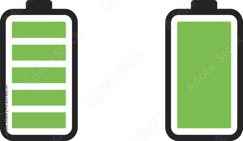 Battery charge indicator icons showing full and almost full power levels with green status bars isolated on transparent background