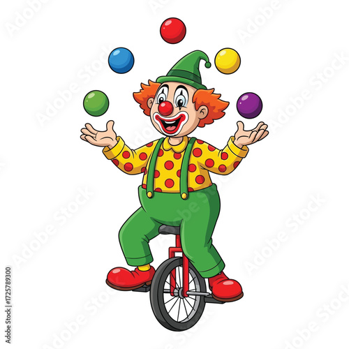 Happy clown juggling colorful balls while riding a unicycle performance fun