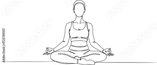 Woman sitting in lotus pose yoga. Continuous one line drawing, Women doing yoga one line drawing. Aerobic sport girl exercise for modern healthy lifestyle, women performing yoga line art.