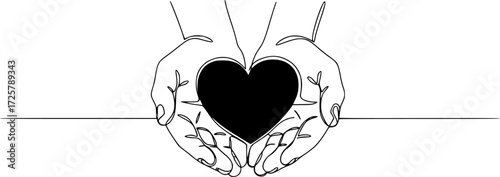 Hands holding heart continuous one line art drawing. Charity donation linear symbol, One continuous line drawing of hands holding heart. Concept of love relationship and volunteer organisation symbol.