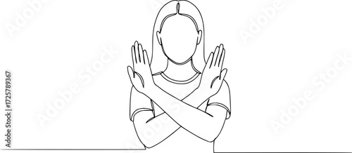 Woman crossing arms and saying no gesture Person making stop sign with hands, Single continuous line drawing young woman crossing arms and saying no gesture person making X shape
