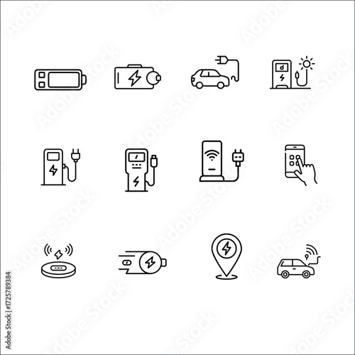 Smart EV Charging Station Icon Set – Minimal Vector Icons for Electric Vehicle Charging, Fast Charging, Renewable Energy, Wireless Charging, and Smart Mobility Solutions