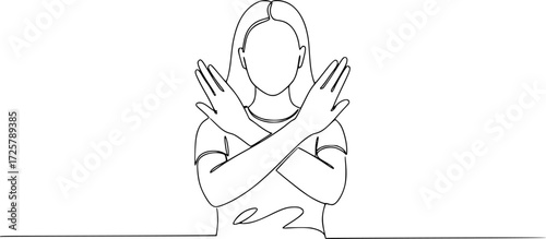 Woman crossing arms and saying no gesture Person making stop sign with hands, Single continuous line drawing young woman crossing arms and saying no gesture person making X shape
