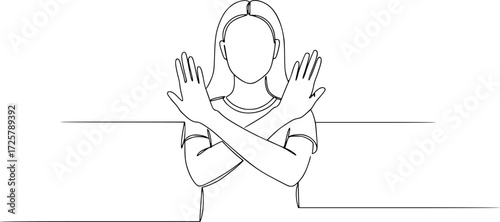 Woman crossing arms and saying no gesture Person making stop sign with hands, Single continuous line drawing young woman crossing arms and saying no gesture person making X shape