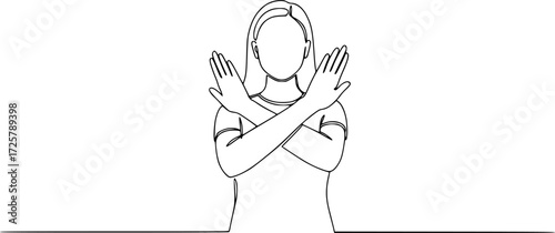 Woman crossing arms and saying no gesture Person making stop sign with hands, Single continuous line drawing young woman crossing arms and saying no gesture person making X shape