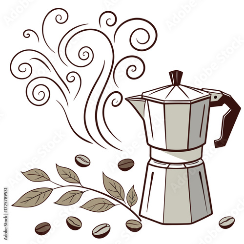 Moka pot coffee maker illustration with coffee beans and leaves Simple line art design Vector graphic Isolated on white background