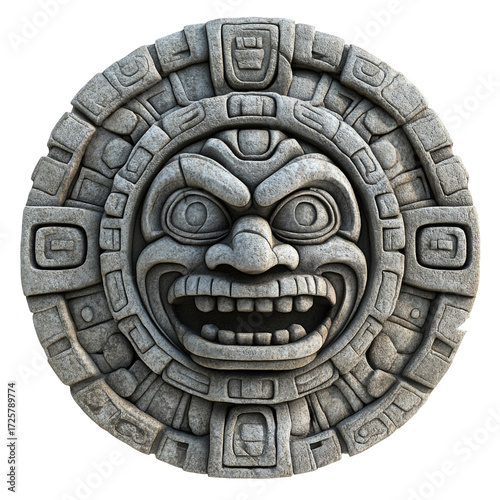 Ancient stone carving of a fierce face isolated on transparent background