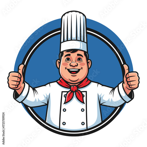 Happy chef giving thumbs up with big smile wearing toque and red scarf