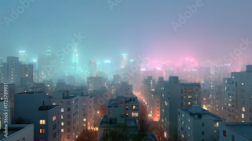 Urban Cityscape at Dusk with Glowing Neon Lights and Foggy Atmosphere in Cinematic HDR