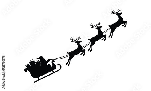 Silhouette of santa claus riding in his sleigh being pulled by reindeer for christmas celebration