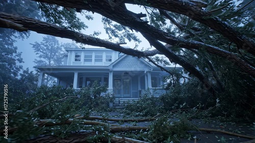 Devastating hurricane storm disaster aftermath shows immense destruction and property damage. large fallen tree blocks house, dangerous scene from severe weather