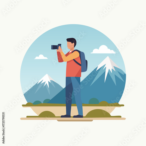 A man with a backpack takes a photo of a mountain landscape.