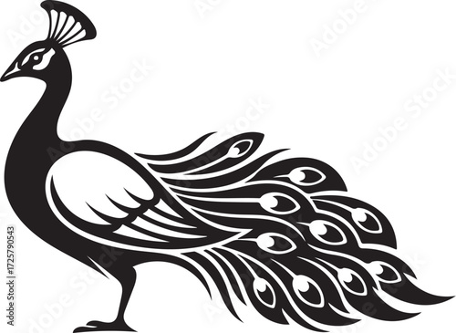 Black Silhouette of a Peacock with Elaborate Fanned Tail Feathers bird animal