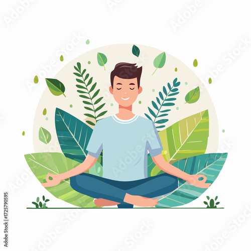 A smiling man in a meditative pose surrounded by lush greenery, symbolizing peace and mindfulness.