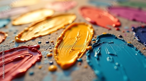 Abstract colorful paint blobs and strokes on a textured surface, art supplies