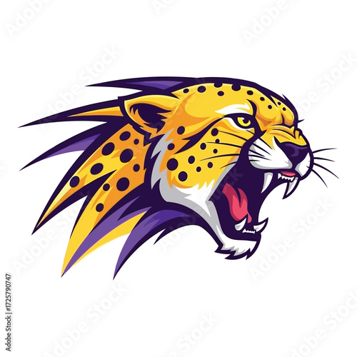 Fierce cheetah head roaring with spots and purple mane emblem