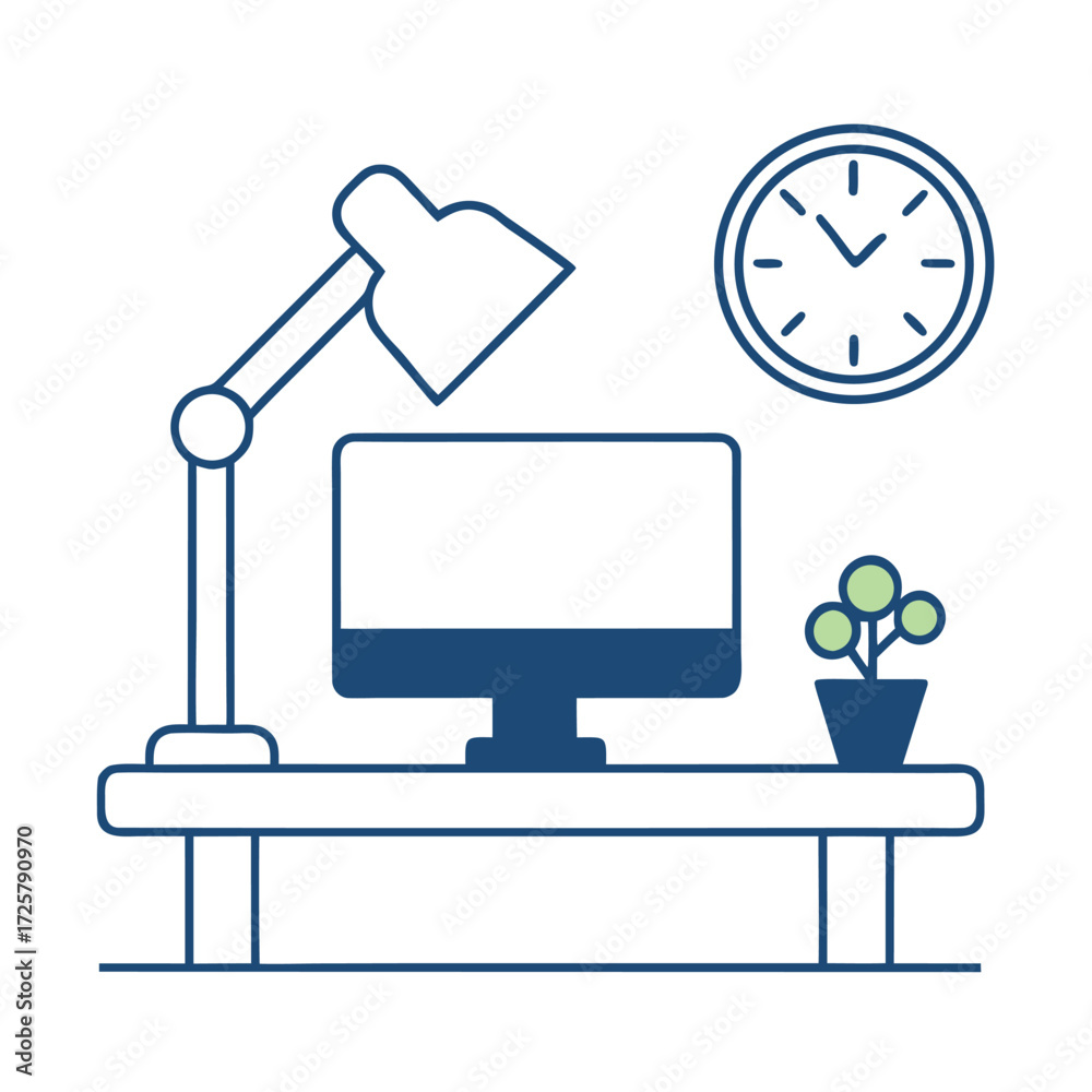 Fototapeta premium Desk with computer lamp clock and potted plant simple line art monitor
