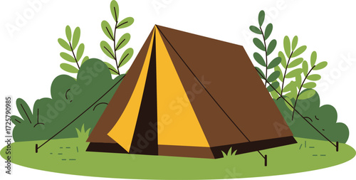 Cozy brown and yellow tent nestled among lush green foliage perfect for outdoor adventures and camping scenes isolated on transparent background