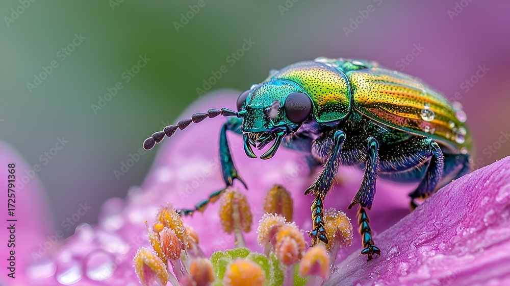Naklejka premium Iridescent beetle on pink flower with dew drops.