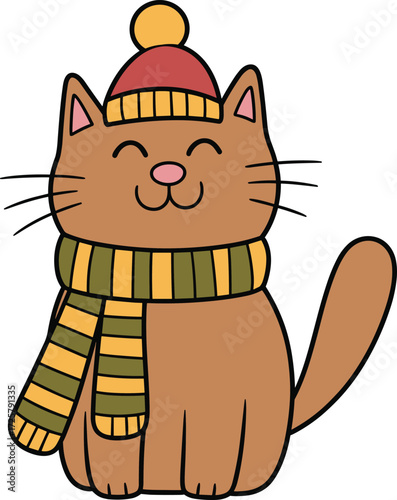 A cozy and cheerful cartoon cat character, wearing a warm winter hat and scarf, smiling happily, perfect for holiday greetings and cold weather themes.