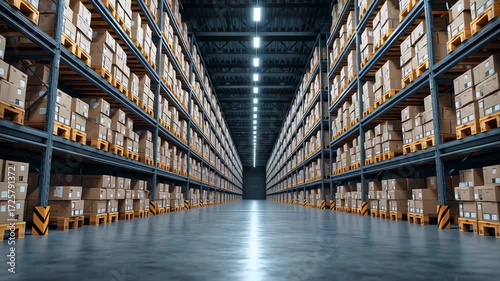Vast warehouse interior with tall shelf and rack systems for an orderly logistic supply chain, efficient inventory storage inside modern distribution and fulfillment center