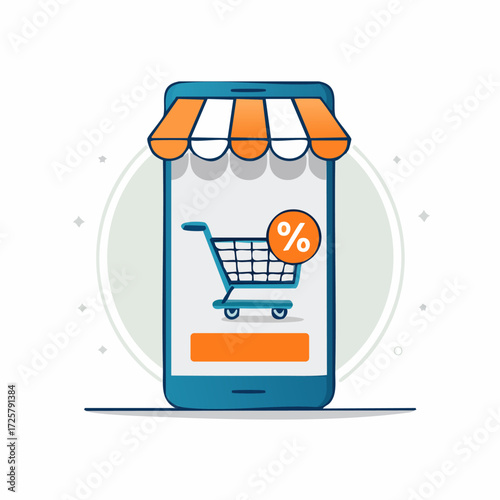 Illustration of a smartphone displaying an online shopping cart with a percentage sign, suggesting a sale.