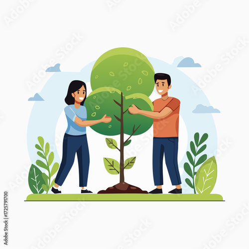 Two smiling people embracing a young tree, symbolizing environmental care and growth.