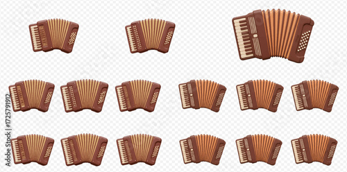 Fifteen brown accordions arranged in a pattern, with one accordion fully visible and the rest partially closed.