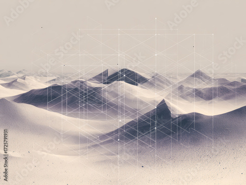Wallpaper Mural Bravais lattice projected over dune-like contours with orthographic grid fading to isometric overlay. AI generative Torontodigital.ca
