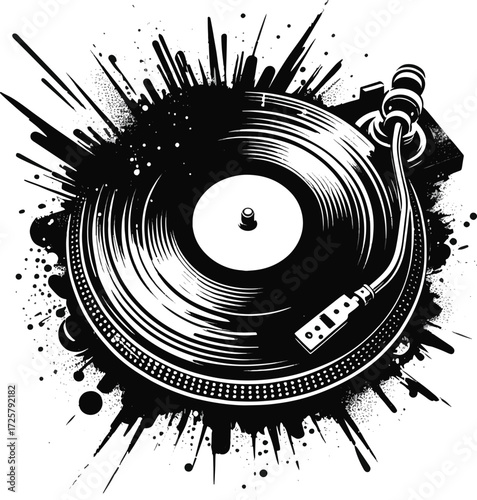 A bold, high-contrast graphic of a spinning vinyl record on a turntable with a stylized splash background. Ideal for music, DJ, audio, and retro branding visuals.