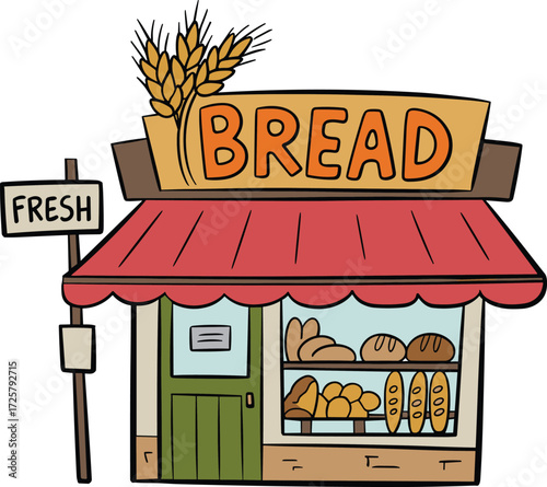 A cute cartoon drawing of a small, charming bakery shop with a "BREAD" sign, selling fresh baked goods and bread in a classic, rustic style.