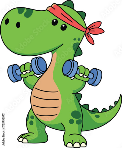 A funny cartoon of a strong T-Rex dinosaur character, wearing a headband and lifting weights, perfect for fitness, exercise, and active lifestyle themes.