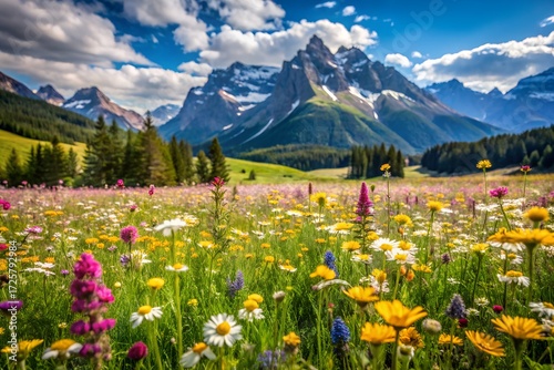 Alpine meadow with colorful wildflowers and green grass under a bright sky in the Alps mountains